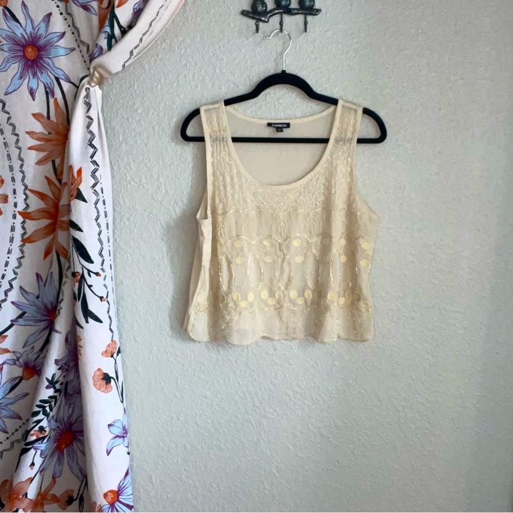 Express Beaded Cream Crop Top Medium